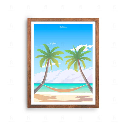 Plakat z artystyczną grafiką przedstawiającą  rajską plażę na Malediwach