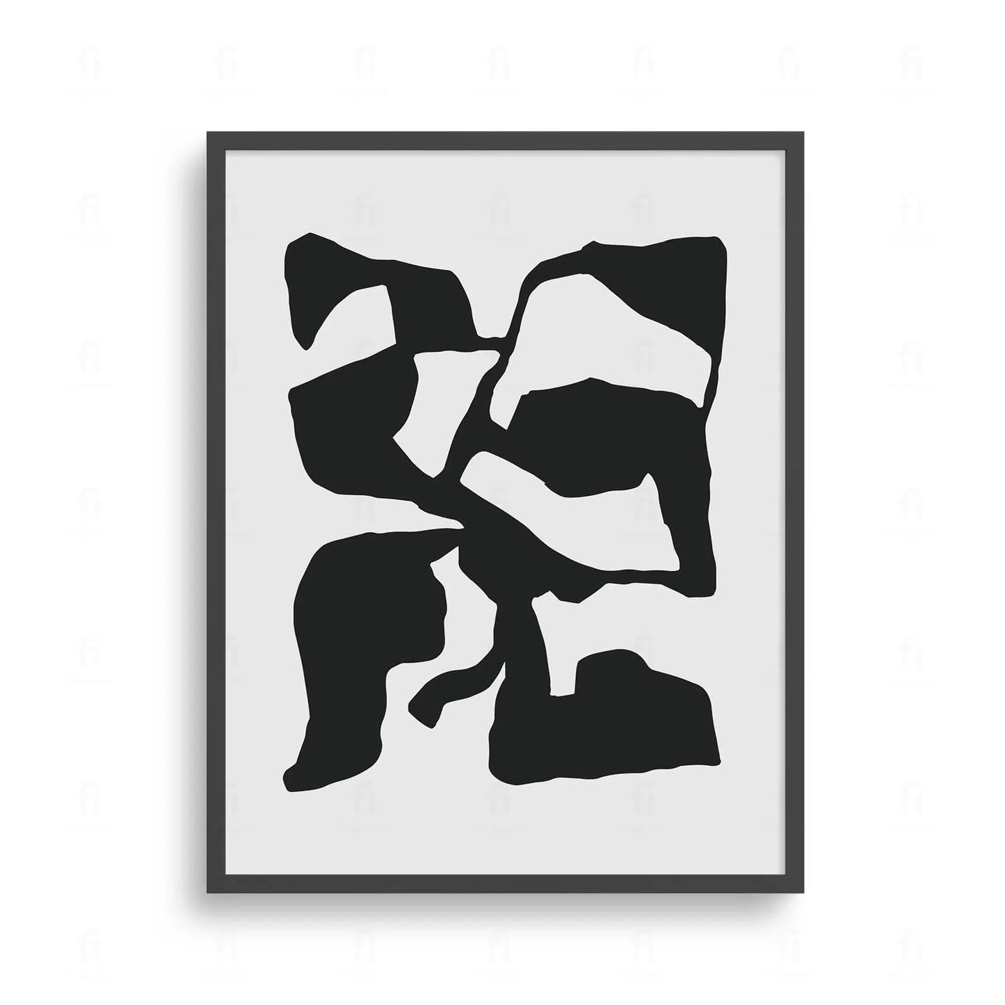 Plakat z czarno-białą, abstrakcyjną grafiką przedstawiającą nieregularne, organiczne kształty przypominające mapę