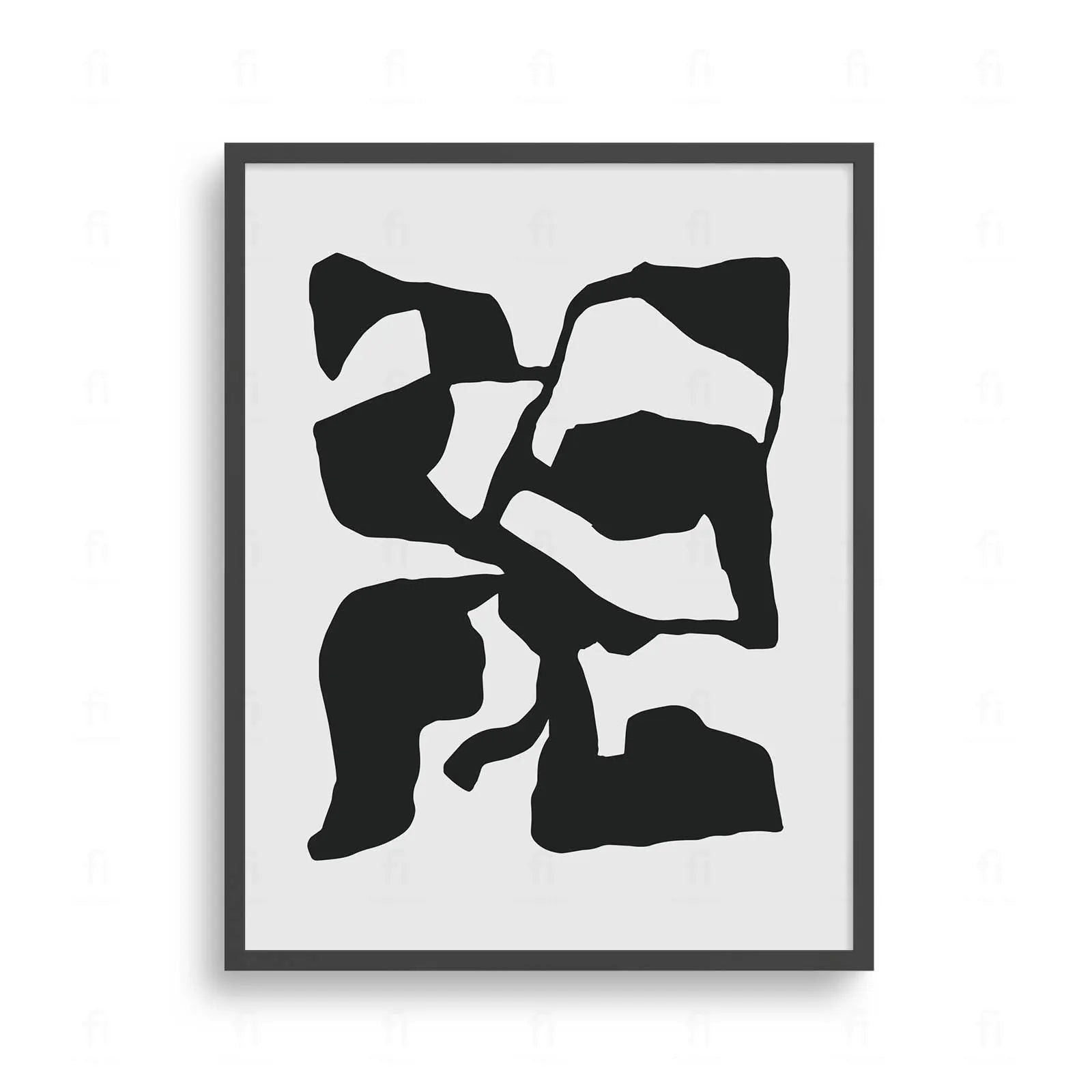 Plakat z czarno-białą, abstrakcyjną grafiką przedstawiającą nieregularne, organiczne kształty przypominające mapę