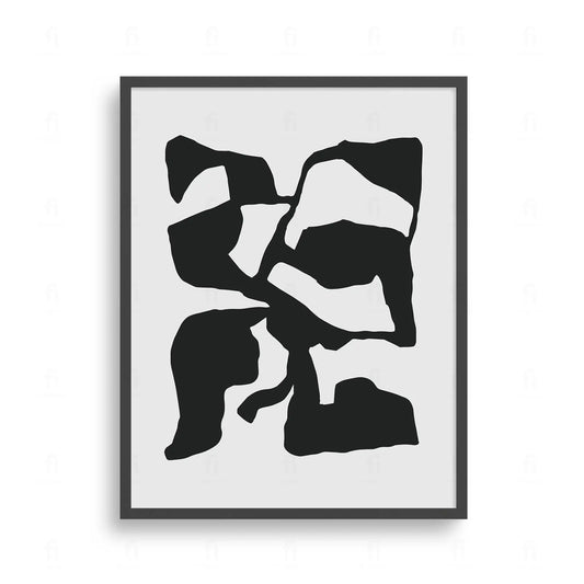 Plakat z czarno-białą, abstrakcyjną grafiką przedstawiającą nieregularne, organiczne kształty przypominające mapę