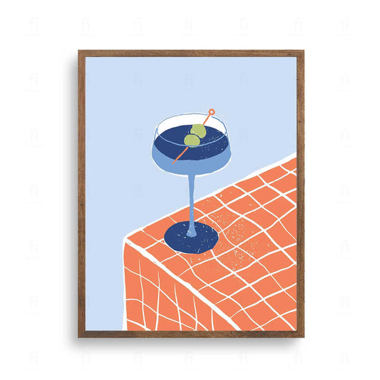 Plakat z grafiką w stylu retro przedstawiającą kieliszek do Martini z oliwką na biało-czerwonej kratce.