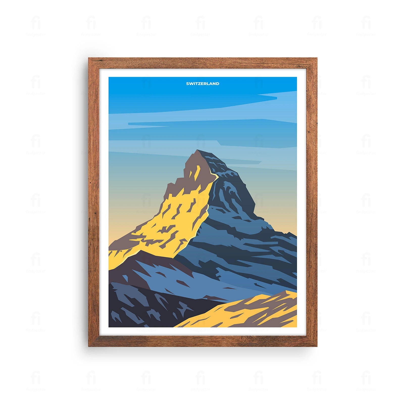 Plakat z artystyczną grafiką przedstawiającą charakterystyczny szczyt Matterhorn w Alpach Szwajcarskich.
