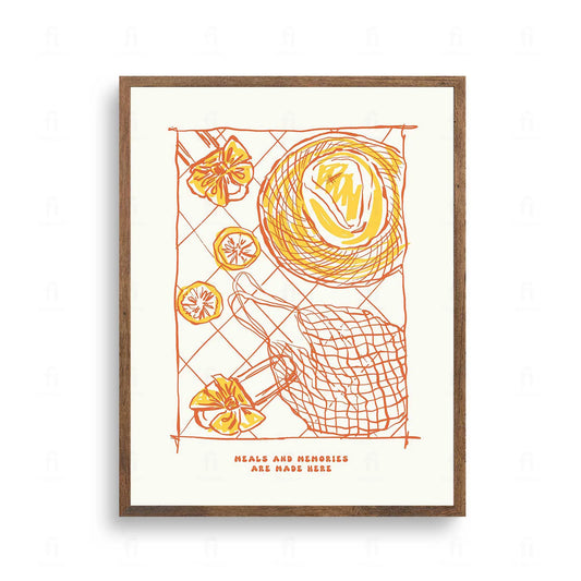 Plakat z grafiką typograficzną z napisem "Meals and Memories are Made Here".
