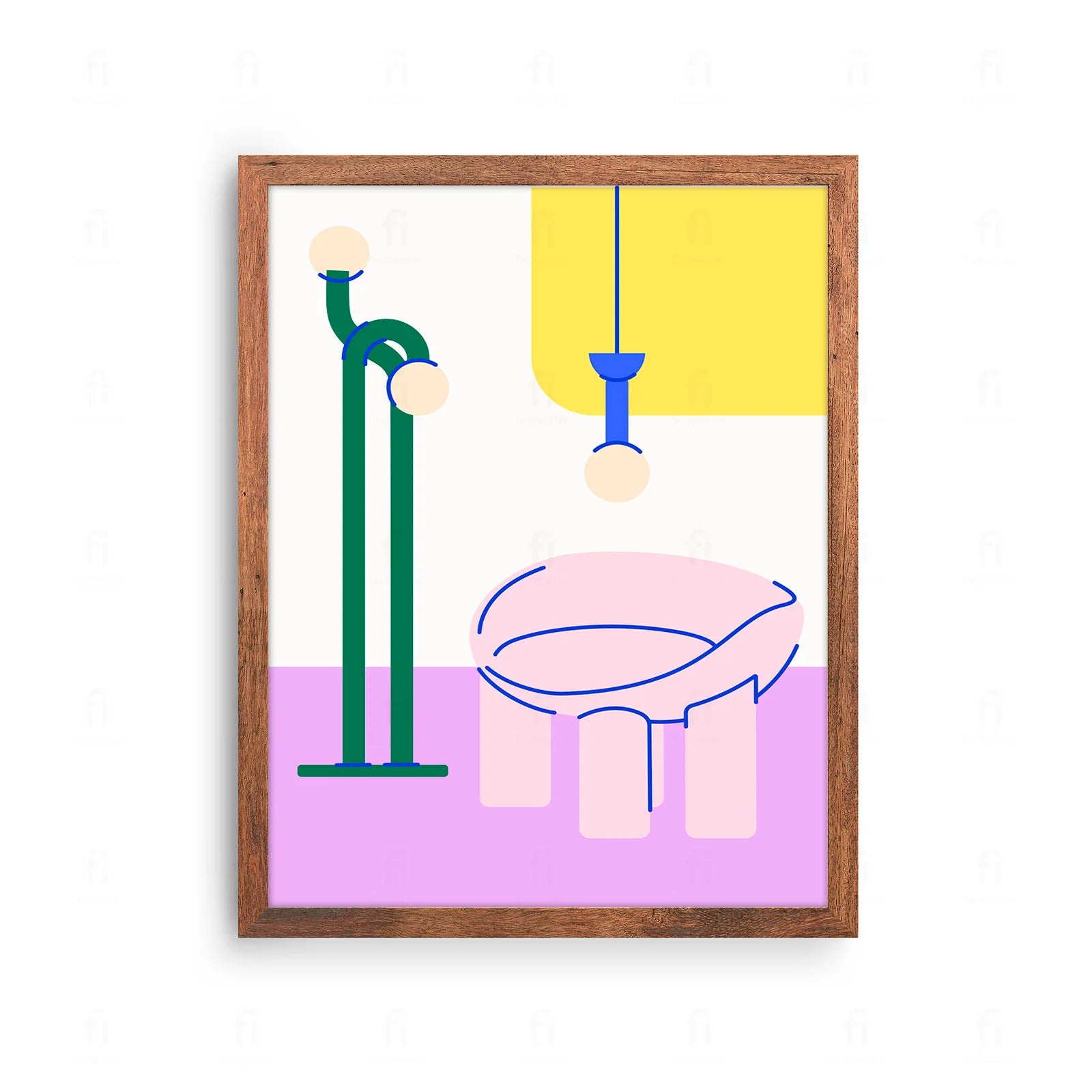 Plakat z artystyczną grafiką przedstawiającą minimalistyczną kompozycję mebli i dodatków w stylu skandynawskim.
