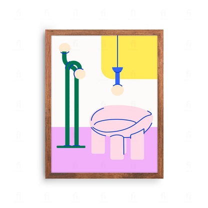 Plakat z artystyczną grafiką przedstawiającą minimalistyczną kompozycję mebli i dodatków w stylu skandynawskim.
