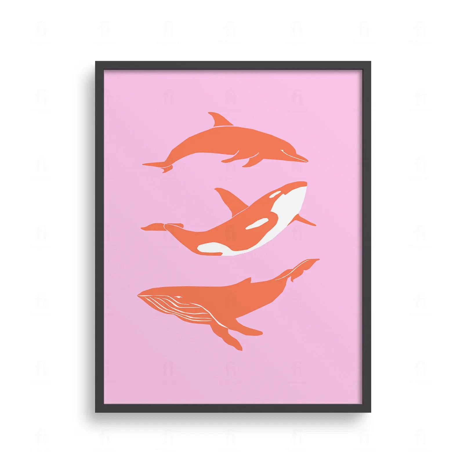 Plakat z grafiką przedstawiającą różne stworzenia morskie, w tym wieloryby i orki, w odcieniach różu i pomarańczu.