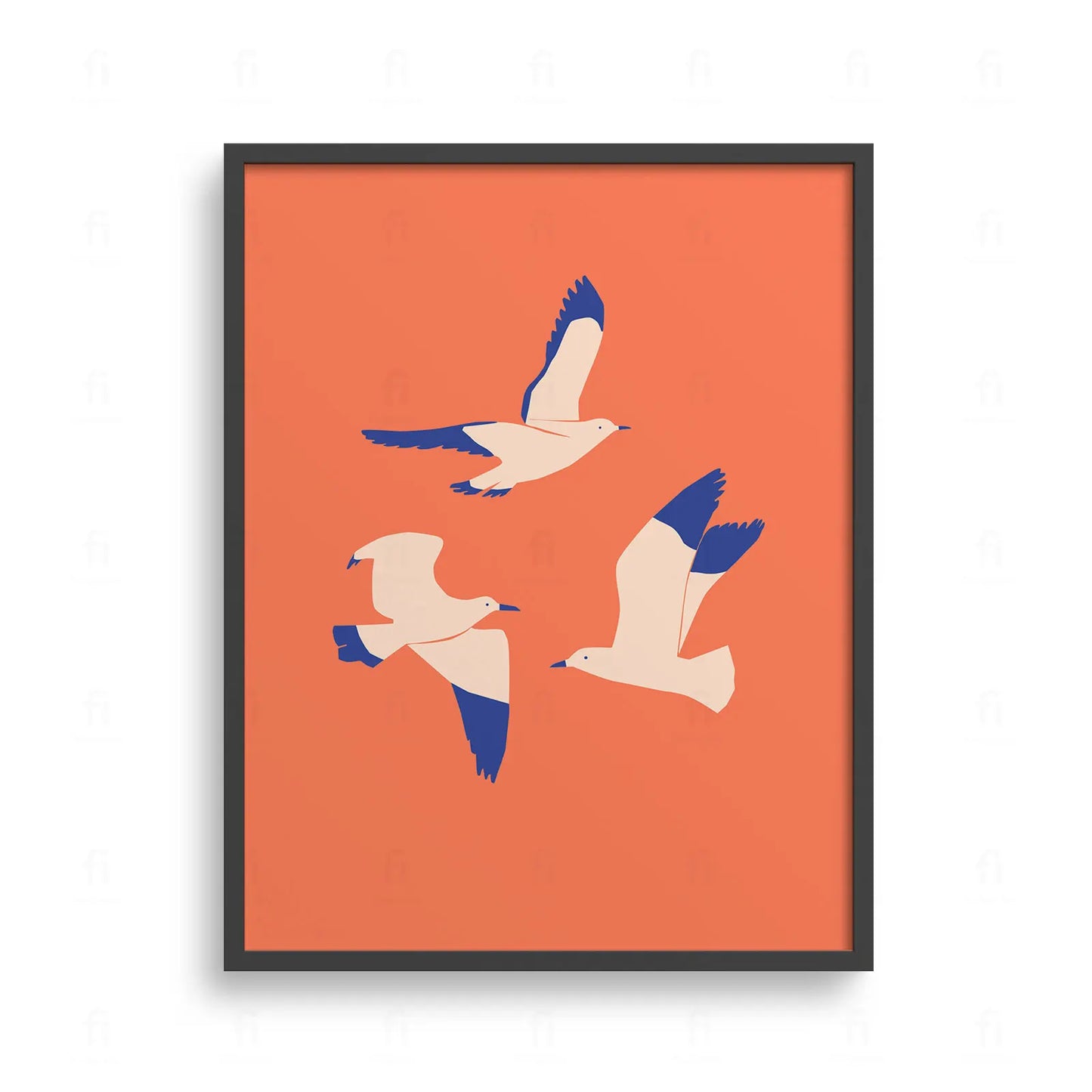 Plakat z minimalistyczną grafiką przedstawiającą stado mew w locie na tle zachodzącego słońca.