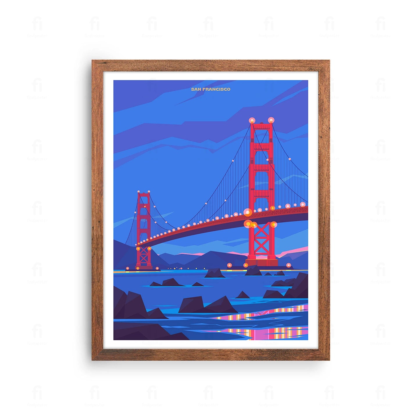 Artystyczna grafika mostu Golden Gate w San Francisco. Ten kultowy plakat to idealna dekoracja dla miłośników podróży i architektury.