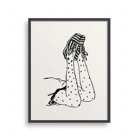 Plakat z zabawną grafiką w stylu retro przedstawiającą nogi w butach i pończochach.