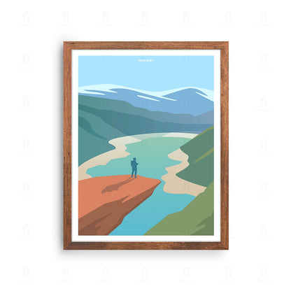 Plakat z artystyczną grafiką przedstawiającą typowy norweski pejzaż z fiordem i kolorowymi domkami