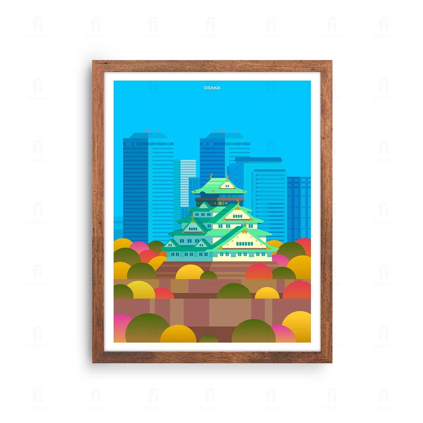 Plakat z artystyczną grafiką przedstawiającą nocną scenę z zamkiem w Osace, Japonia.