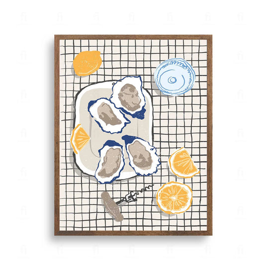 Plakat z minimalistyczną grafiką przedstawiającą ostrygi i kawałek cytryny.
