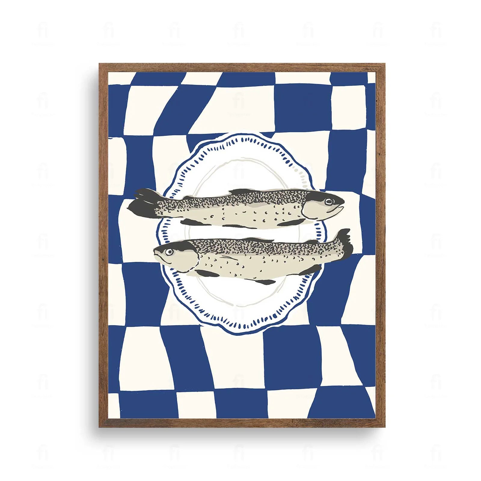 Plakat z minimalistyczną grafiką przedstawiającą ostrygi na biało-niebieskiej kratce.
