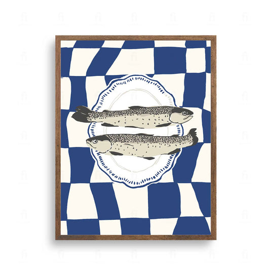 Plakat z minimalistyczną grafiką przedstawiającą ostrygi na biało-niebieskiej kratce.
