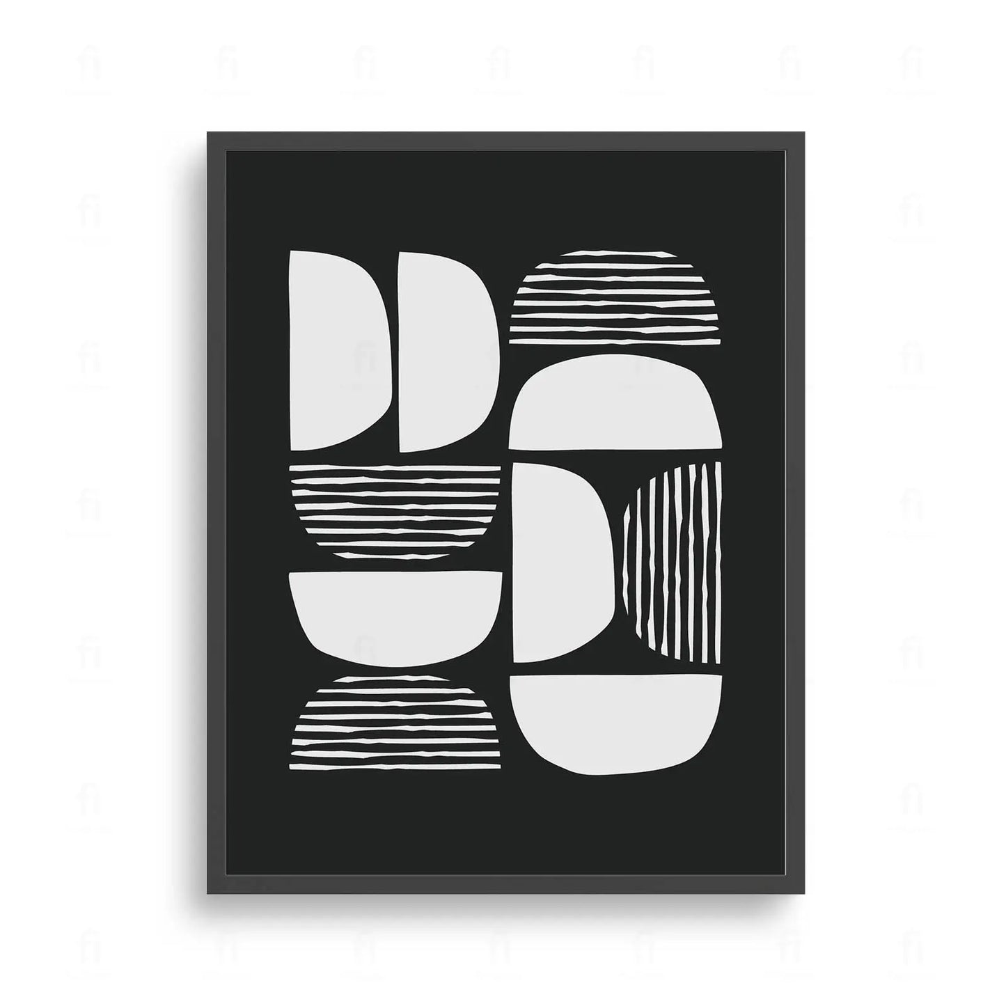 Nowoczesna kompozycja abstrakcyjna z czarno-białymi półkolami i elementami w paski