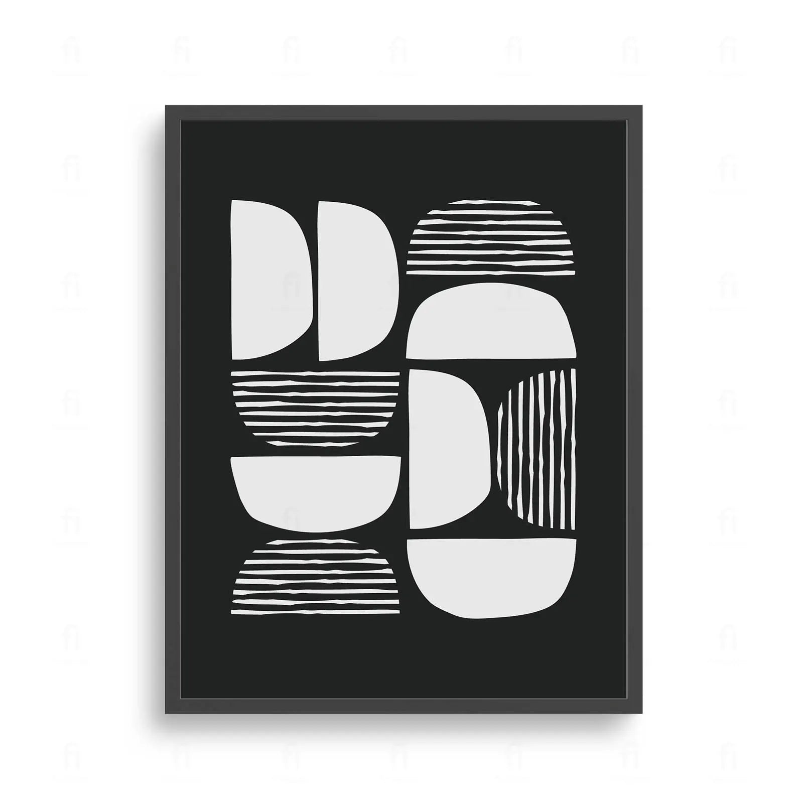 Nowoczesna kompozycja abstrakcyjna z czarno-białymi półkolami i elementami w paski