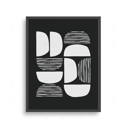 Nowoczesna kompozycja abstrakcyjna z czarno-białymi półkolami i elementami w paski