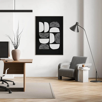 Nowoczesna kompozycja abstrakcyjna z czarno-białymi półkolami i elementami w paski-biuro