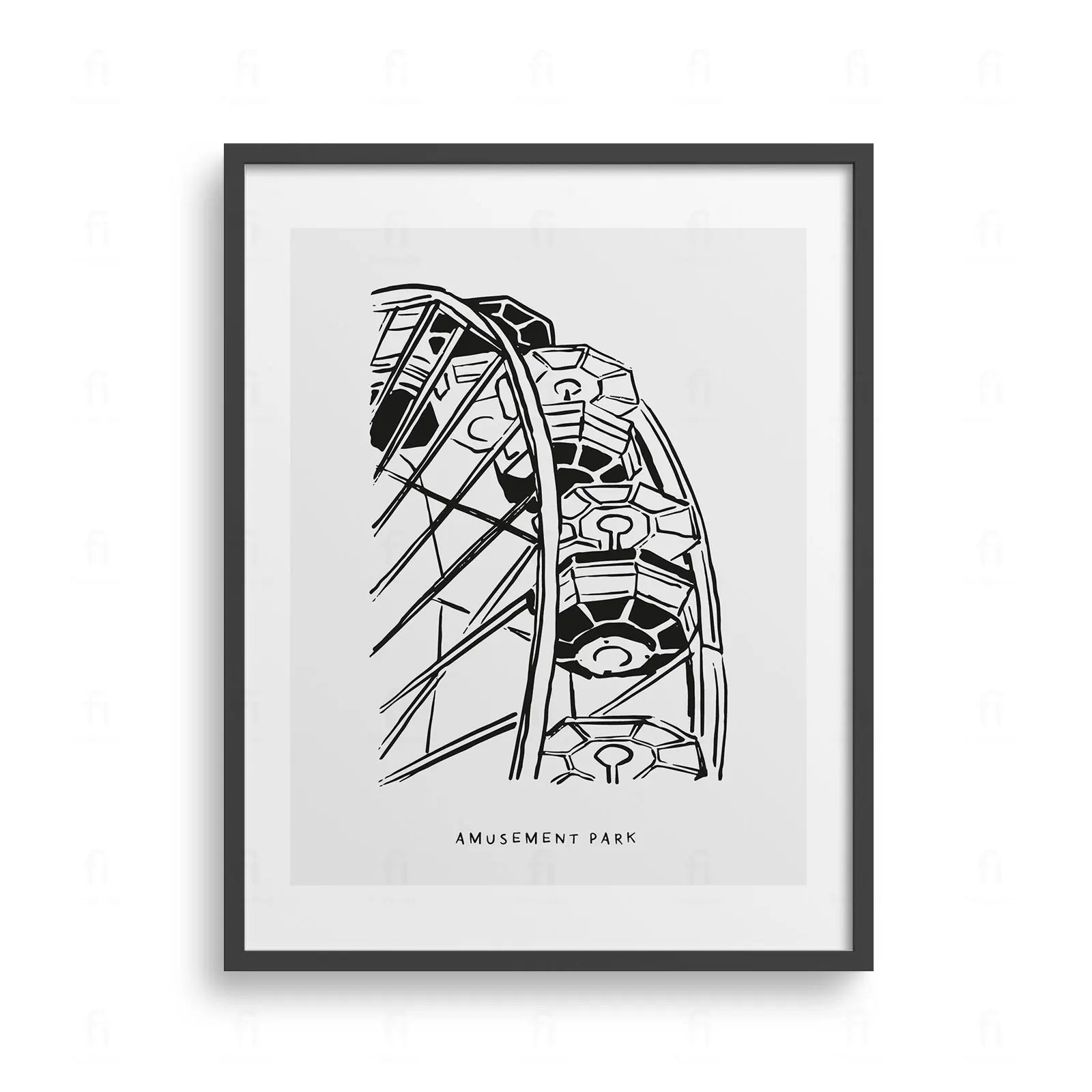 Plakat z kolorową grafiką przedstawiającą diabelski młyn w parku rozrywki.
