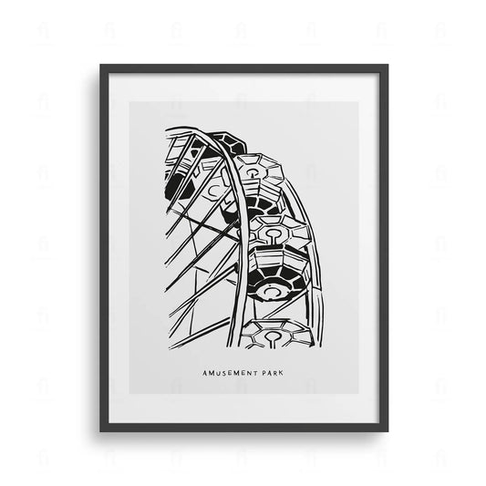 Plakat z kolorową grafiką przedstawiającą diabelski młyn w parku rozrywki.
