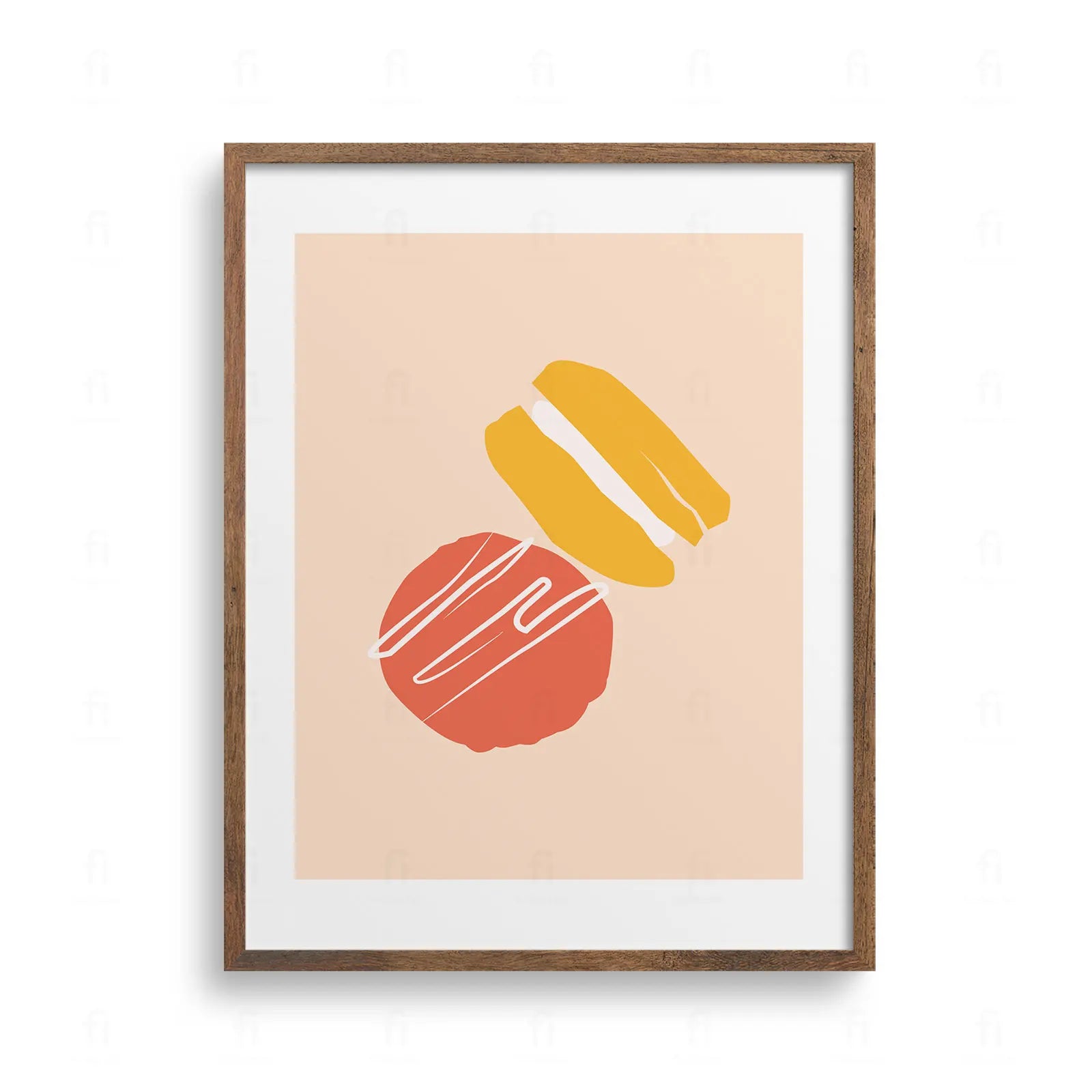 Plakat z grafiką przedstawiającą kolorowe francuskie makaroniki, utrzymane w pastelowych, ciepłych barwach.