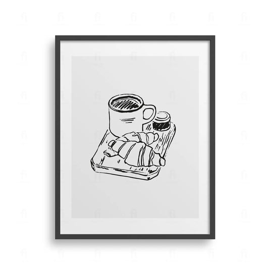 Plakat z grafiką przedstawiającą filiżankę kawy i rogalika na talerzu w stylu paryskim.
