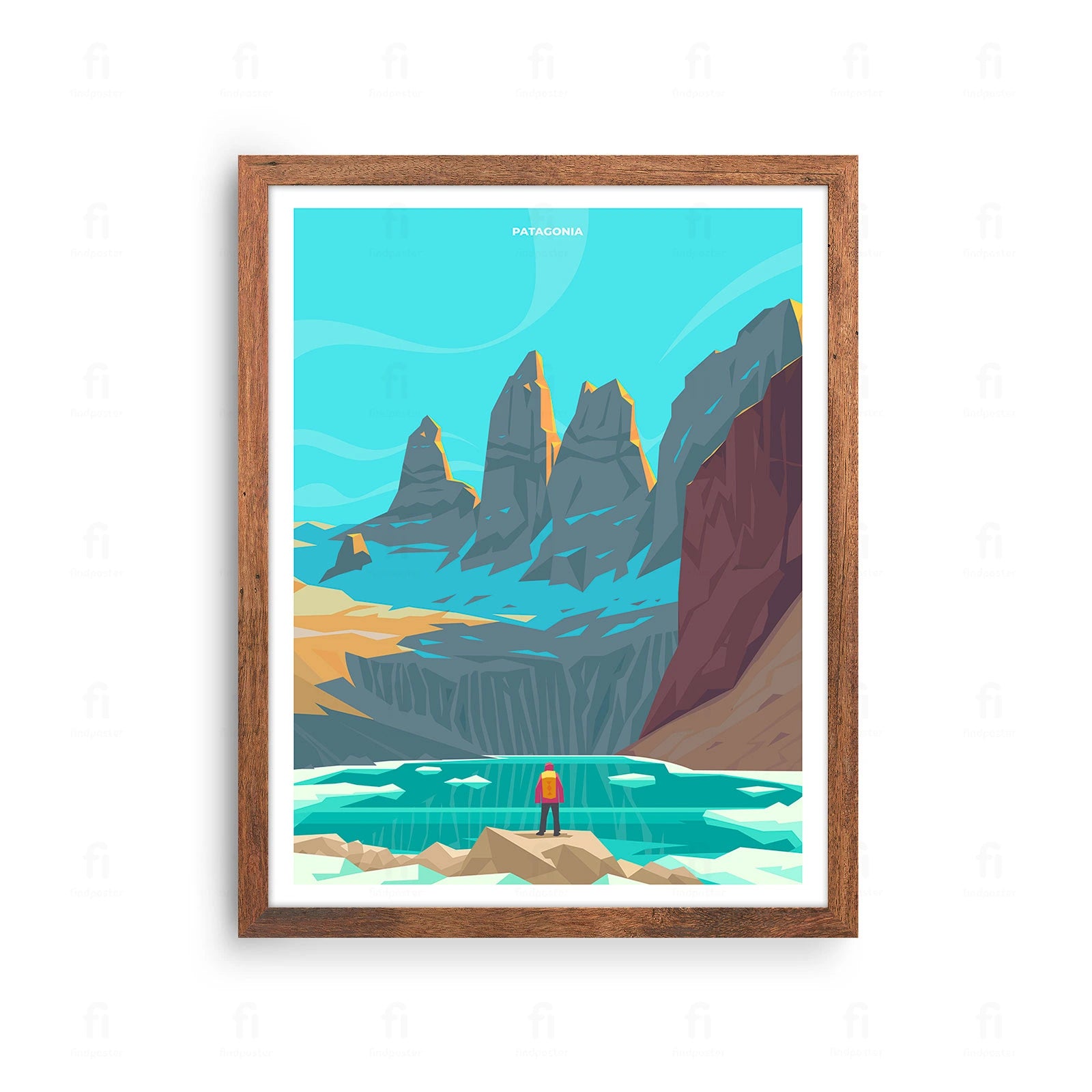 Plakat z artystyczną grafiką przedstawiającą charakterystyczne, postrzępione szczyty Torres del Paine w Patagonii.
