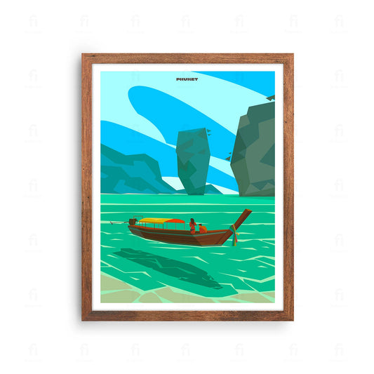 Plakat z egzotyczną grafiką przedstawiającą łodzie i skały na plaży w Phuket, Tajlandia.

