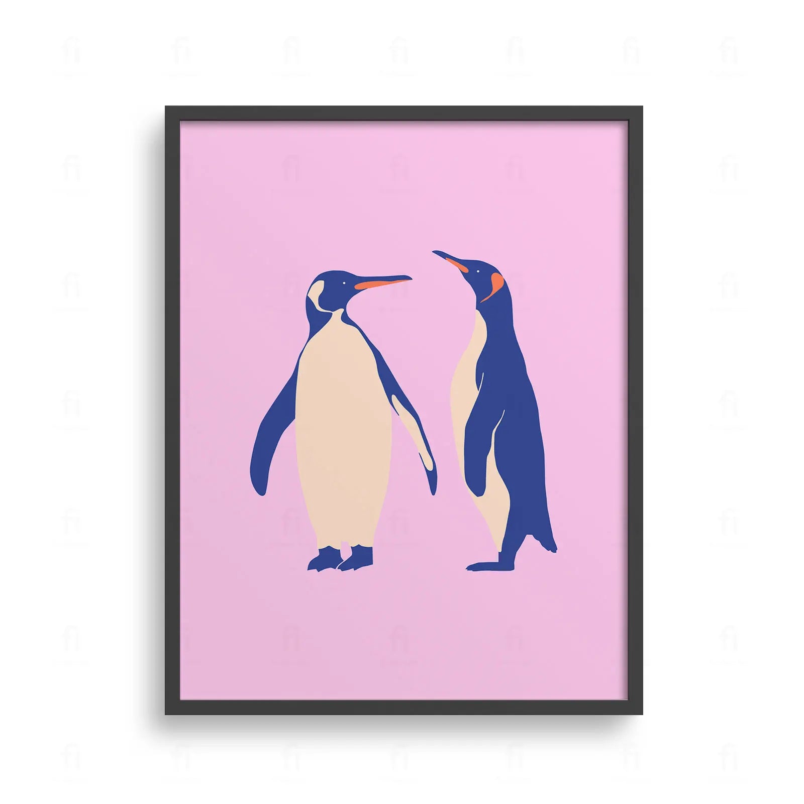 Plakat z uroczą grafiką przedstawiającą dwa pingwiny na różowym tle 