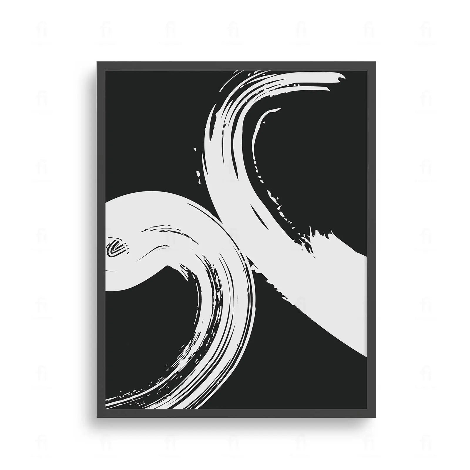 Plakat z czarno-białą, abstrakcyjną grafiką w stylu japońskim, przedstawiającą jedno, dynamiczne pociągnięcie pędzla.