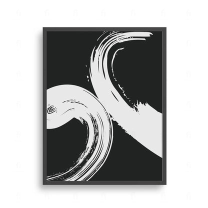 Plakat z czarno-białą, abstrakcyjną grafiką w stylu japońskim, przedstawiającą jedno, dynamiczne pociągnięcie pędzla.