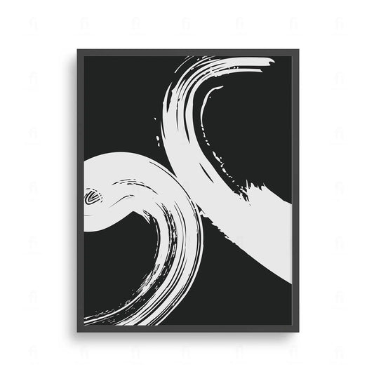 Plakat z czarno-białą, abstrakcyjną grafiką w stylu japońskim, przedstawiającą jedno, dynamiczne pociągnięcie pędzla.