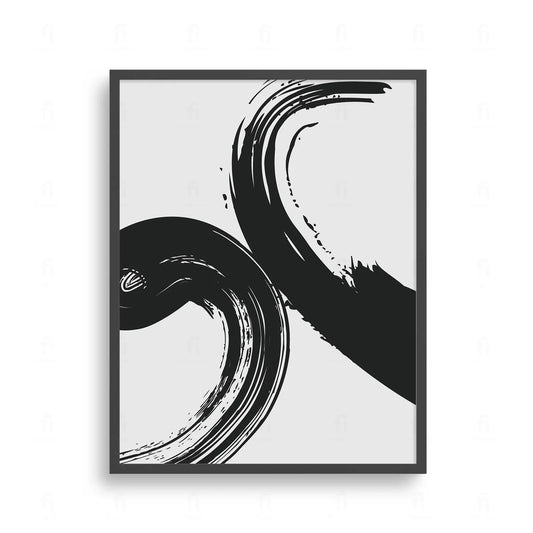 Plakat z czarno-białą, abstrakcyjną grafiką w stylu japońskim, przedstawiającą jedno, dynamiczne pociągnięcie pędzla