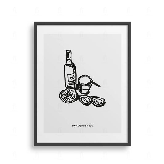 Plakat w stylu retro z motywami podróżniczymi, przedstawiający okulary przeciwsłoneczne, butelkę i szklankę z drinkiem 