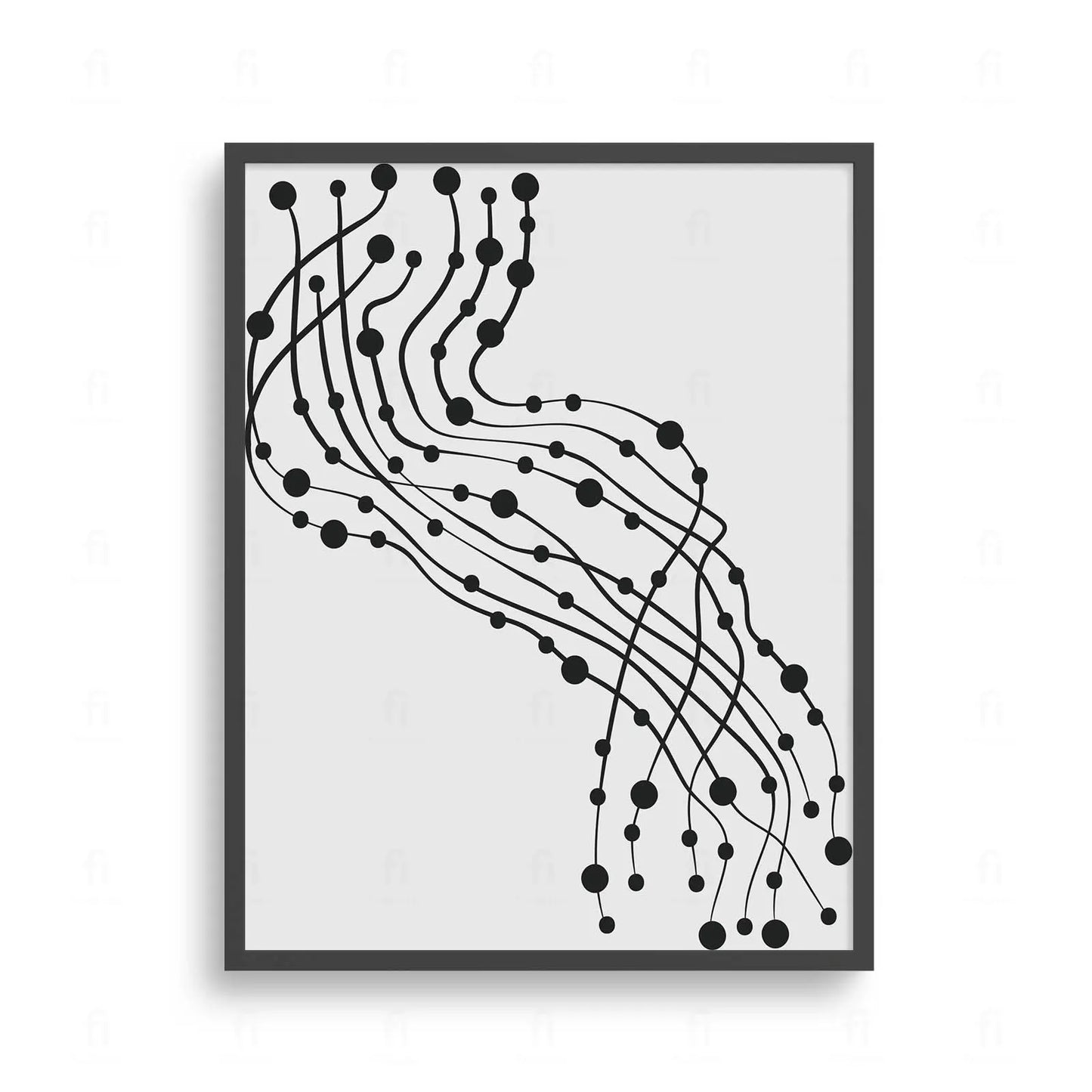 Plakat z czarno-białą, abstrakcyjną grafiką przedstawiającą dynamiczne, połączone ze sobą kropki i linie.
