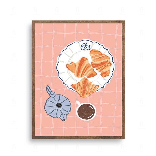 Plakat z artystyczną grafiką przedstawiającą filiżankę kawy i świeżego rogalika na talerzu.