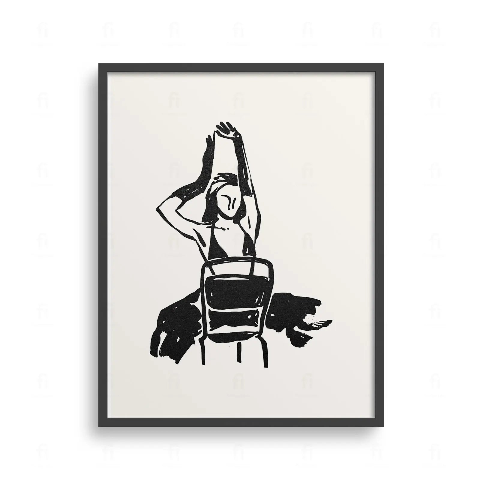 Plakat z dynamicznym, czarno-białym szkicem przedstawiającym postać kobiety siedzącej na krześle.