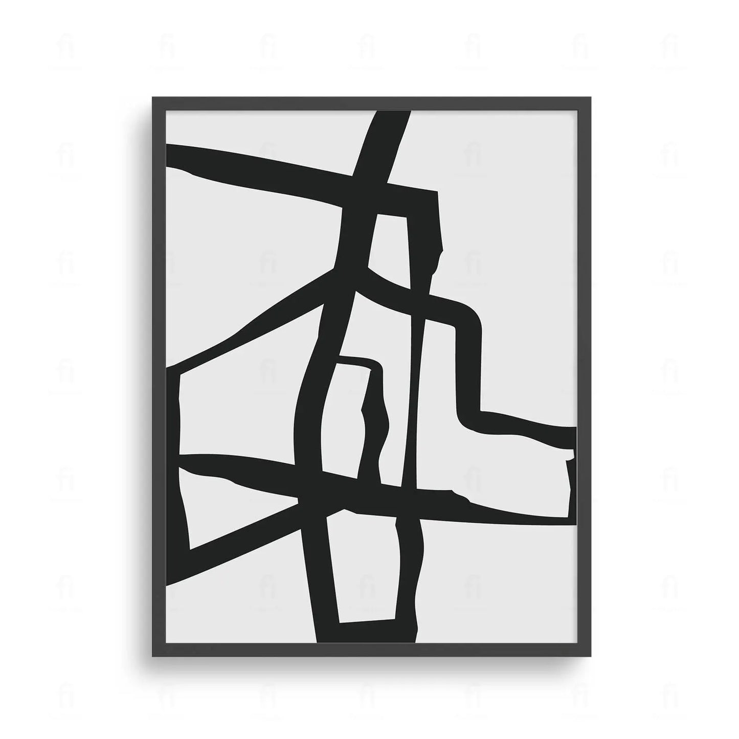Plakat z czarno-białą, abstrakcyjną grafiką przedstawiającą przecinające się geometryczne kształty.

