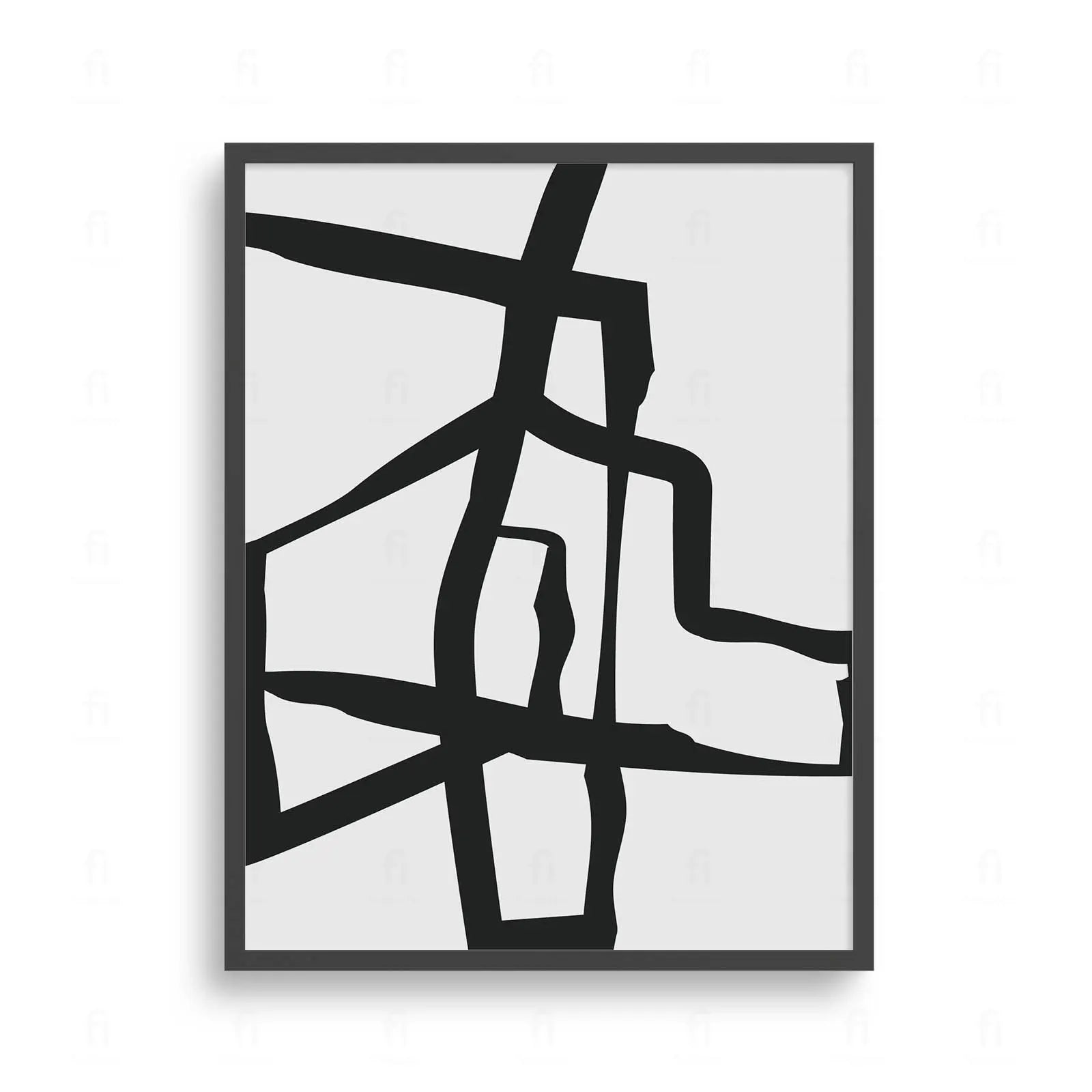 Plakat z czarno-białą, abstrakcyjną grafiką przedstawiającą przecinające się geometryczne kształty.
