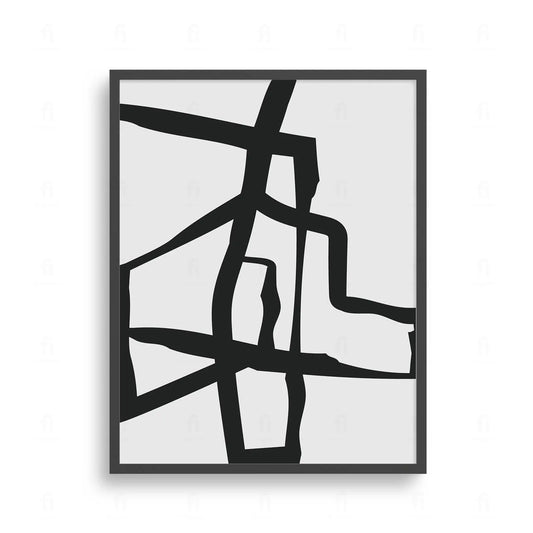 Plakat z czarno-białą, abstrakcyjną grafiką przedstawiającą przecinające się geometryczne kształty.
