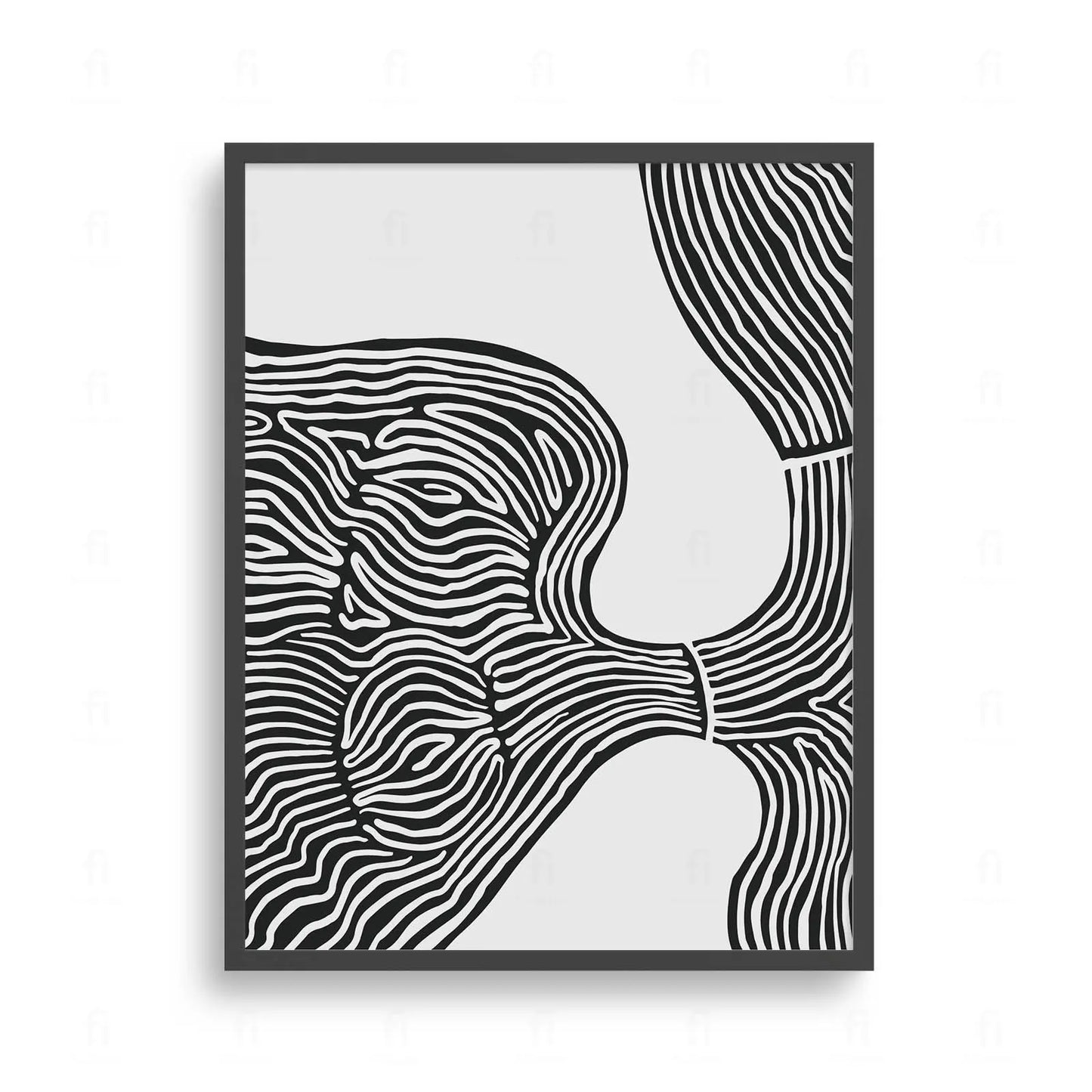 Plakat z czarno-białą, abstrakcyjną grafiką wykonaną techniką line art, przedstawiającą płynne kształty.