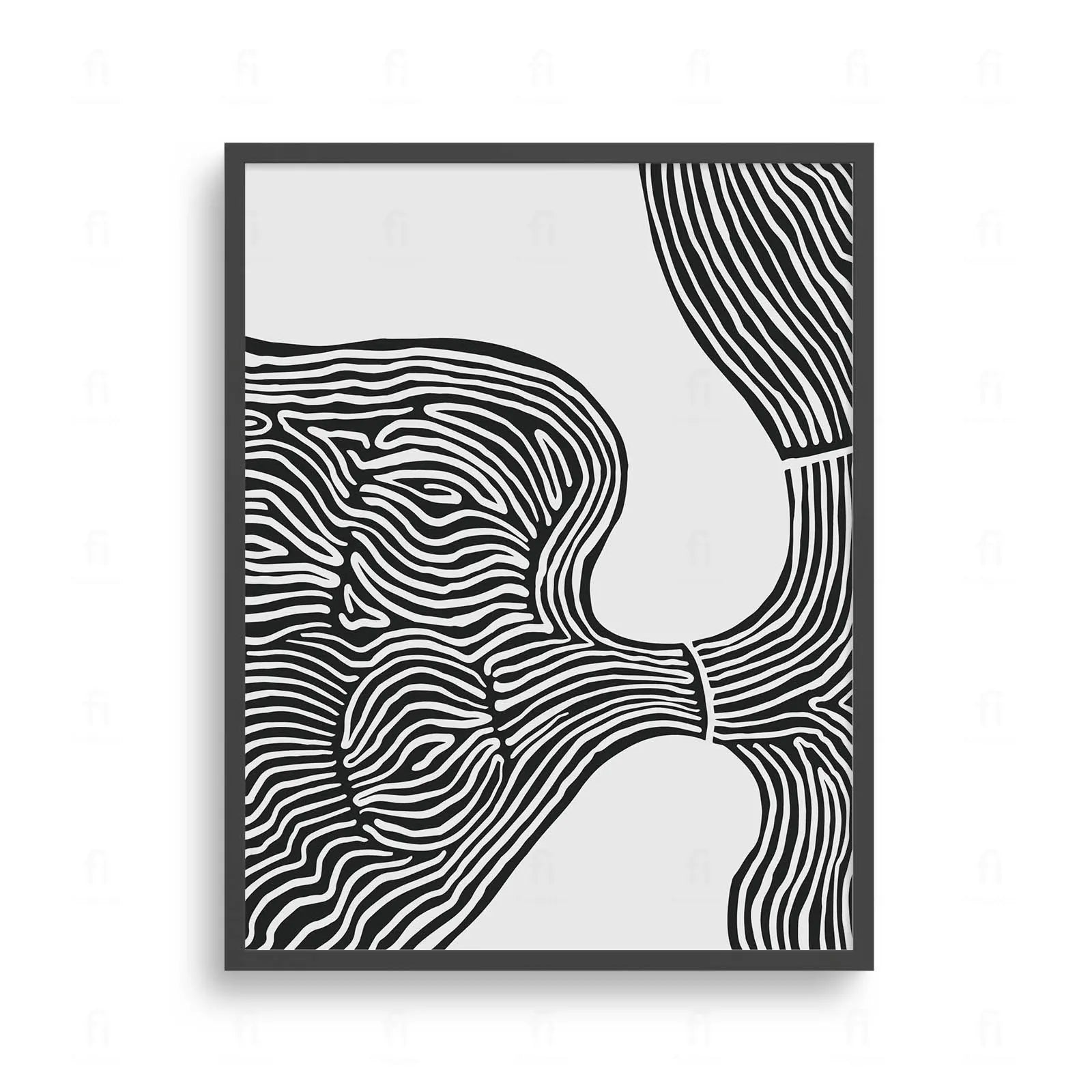 Plakat z czarno-białą, abstrakcyjną grafiką wykonaną techniką line art, przedstawiającą płynne kształty.