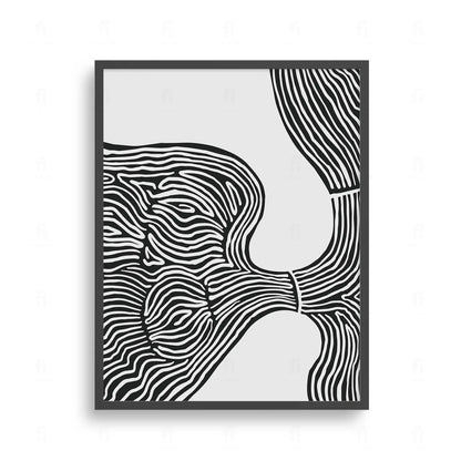 Plakat z czarno-białą, abstrakcyjną grafiką wykonaną techniką line art, przedstawiającą płynne kształty.