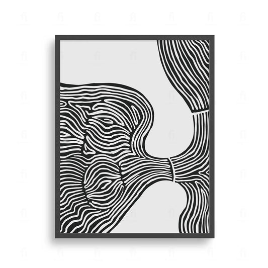 Plakat z czarno-białą, abstrakcyjną grafiką wykonaną techniką line art, przedstawiającą płynne kształty.