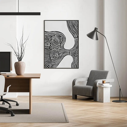 Plakat abstrakcyjny line art wiszący w minimalistycznym biurze
