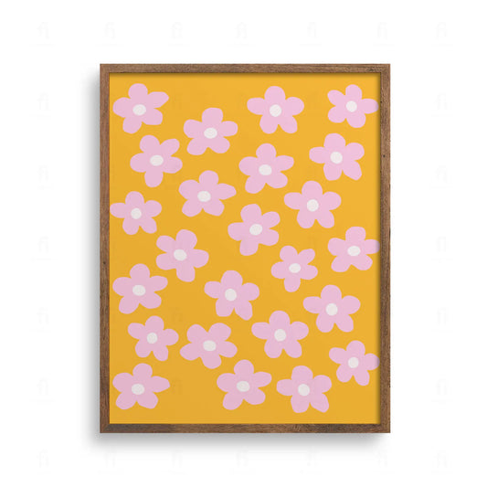 Plakat z grafiką przedstawiającą różowe kwiaty na gałązce w stylu retro.
