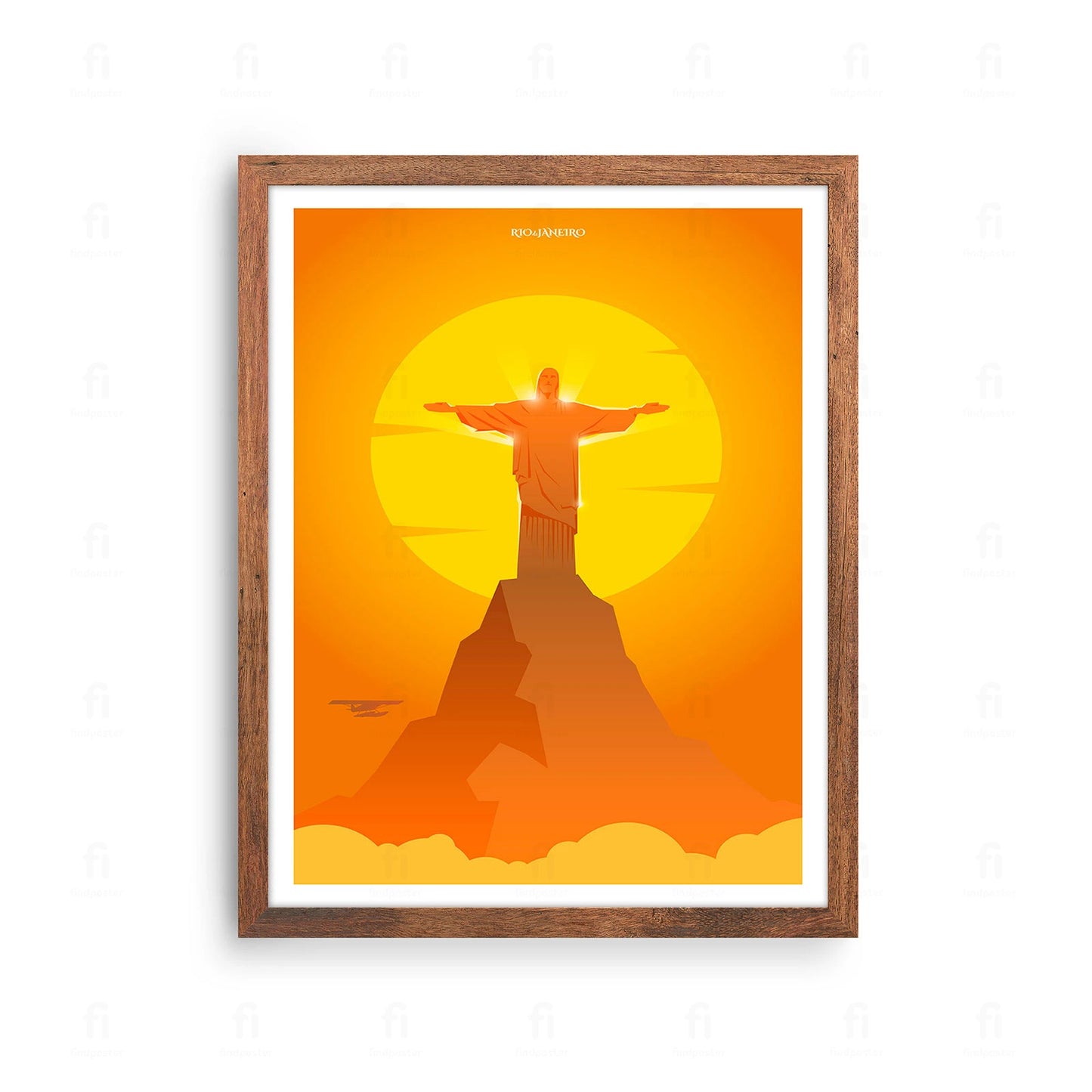 Plakat z artystyczną grafiką przedstawiającą widok na Rio de Janeiro w Brazylii z pomnikiem Chrystusa Odkupiciela.