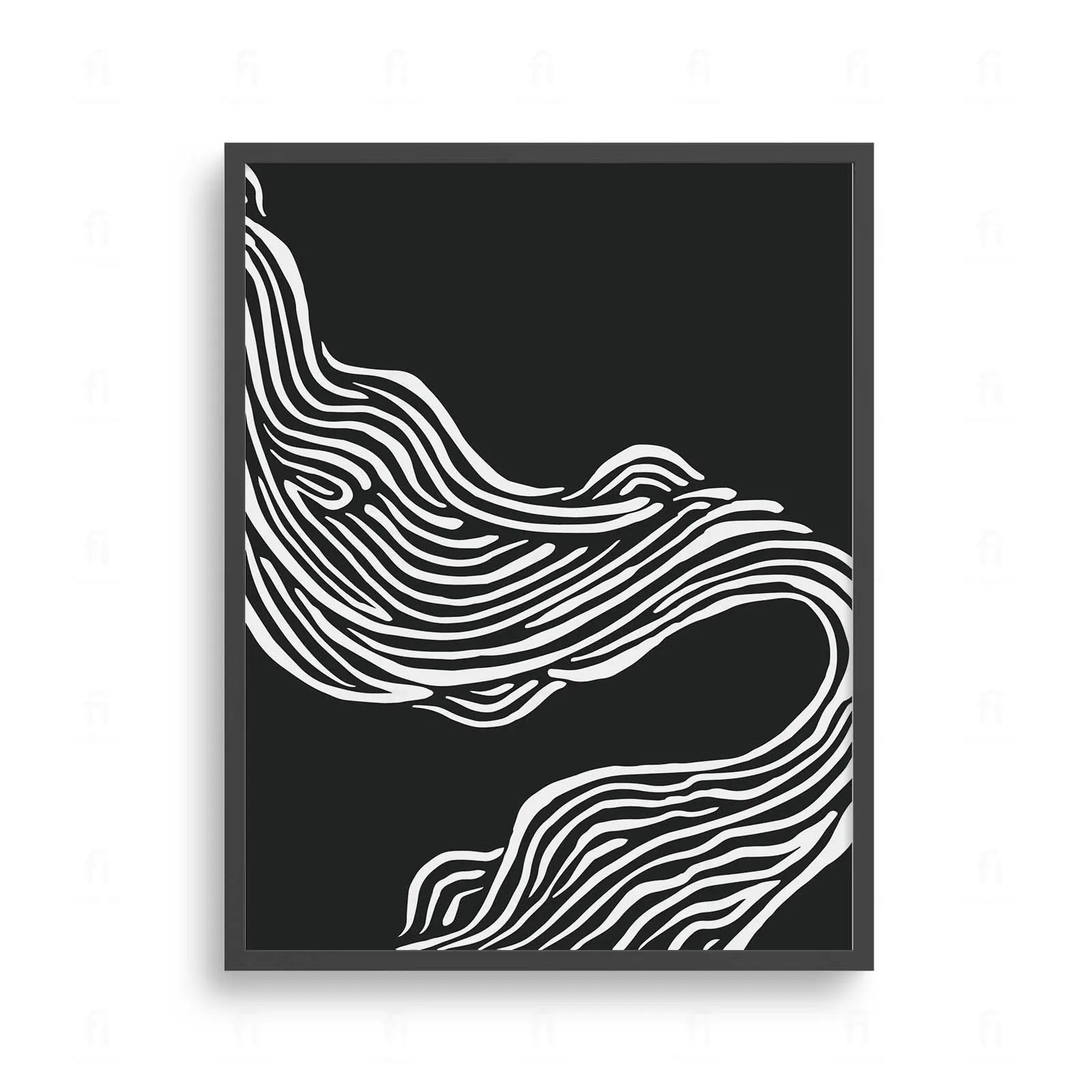  Plakat z czarno-białą, abstrakcyjną grafiką przedstawiającą dynamiczne, płynne, falujące linie.
