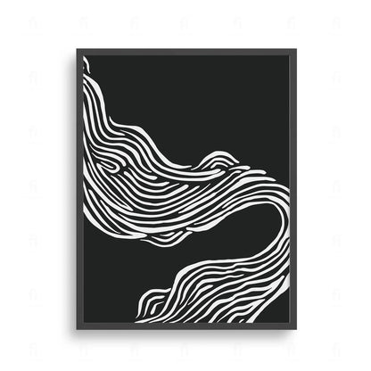  Plakat z czarno-białą, abstrakcyjną grafiką przedstawiającą dynamiczne, płynne, falujące linie.
