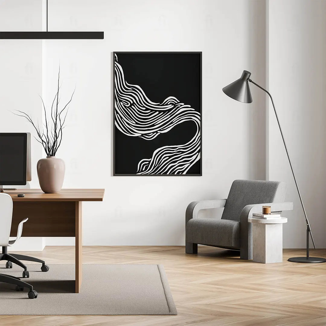 Plakat abstrakcyjny z liniami wiszący w nowoczesnym biurze.
